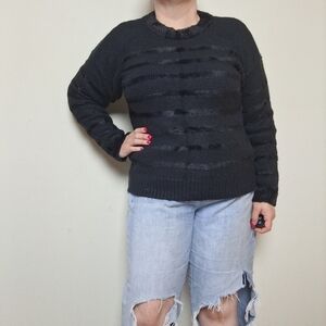 Ann Taylor Black Crew Neck Faux Fur Striped Black Sweater Size Medium